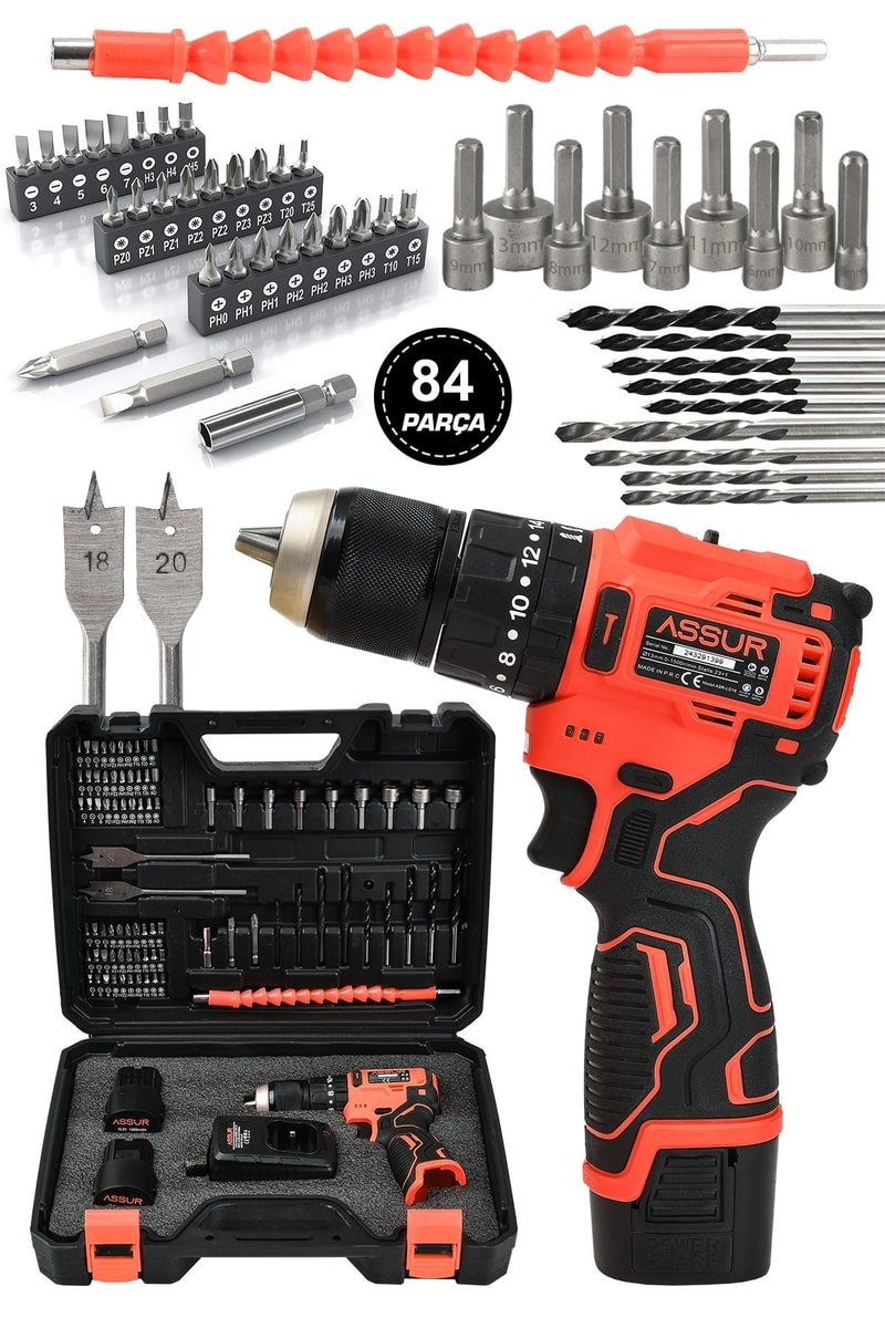 Assur 12V 13mm Çelik Mandrenli Şarjlı Matkap Akülü Vidalama 84 Parça
            
            
                (ASR108-02-1)