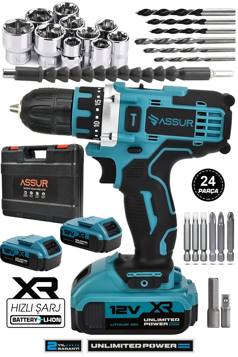 Assur 12V Çift Akü Metal Şanzıman Akülü Vidalama Şarjlı Matkap
            
            
                (ASR031-02-01-01)