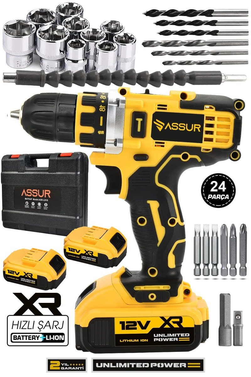 Assur 12V Çift Akü Metal Şanzıman Şarjlı Matkap Akülü Vidalama
            
            
                (ASR032-02-02)
