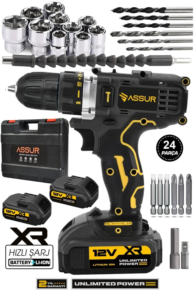 Assur 12V Çift Akü Metal Şanzıman Şarjlı Matkap Akülü Vidalama
            
            
                (ASR089-02-2)