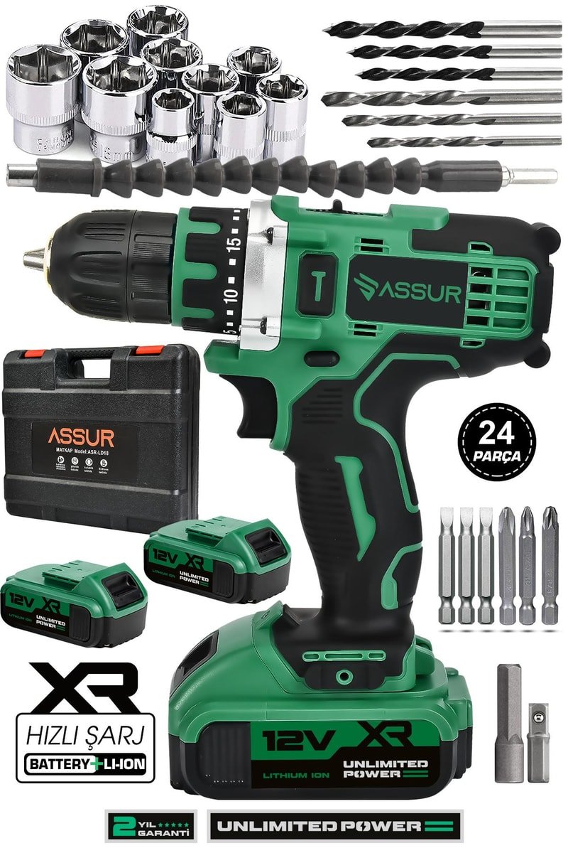 Assur 12V Çift Akü Metal Şanzıman Şarjlı Matkap Akülü Vidalama
            
            
                (ASR090-02-2)