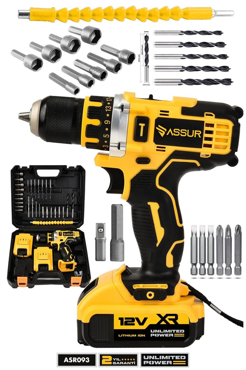 Assur 12V Çift Akü Şarjlı Matkap Metal Şanzıman Bakır Sargılı Akülü Vidalama
            
            
                (ASR093-02-02)