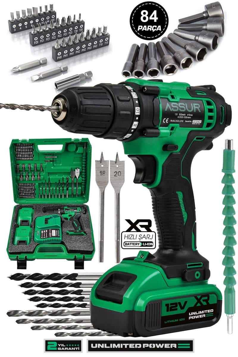 Assur 12V Çift Akülü 84 Parça Şarjlı Matkap Akülü Vidalama
            
            
                (ASR067-02-2)