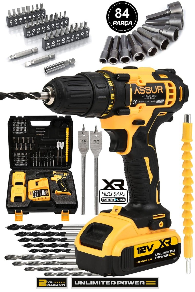 Assur 12V Çift Akülü 84 Parça Şarjlı Matkap Akülü Vidalama
            
            
                (ASR068-02-01)