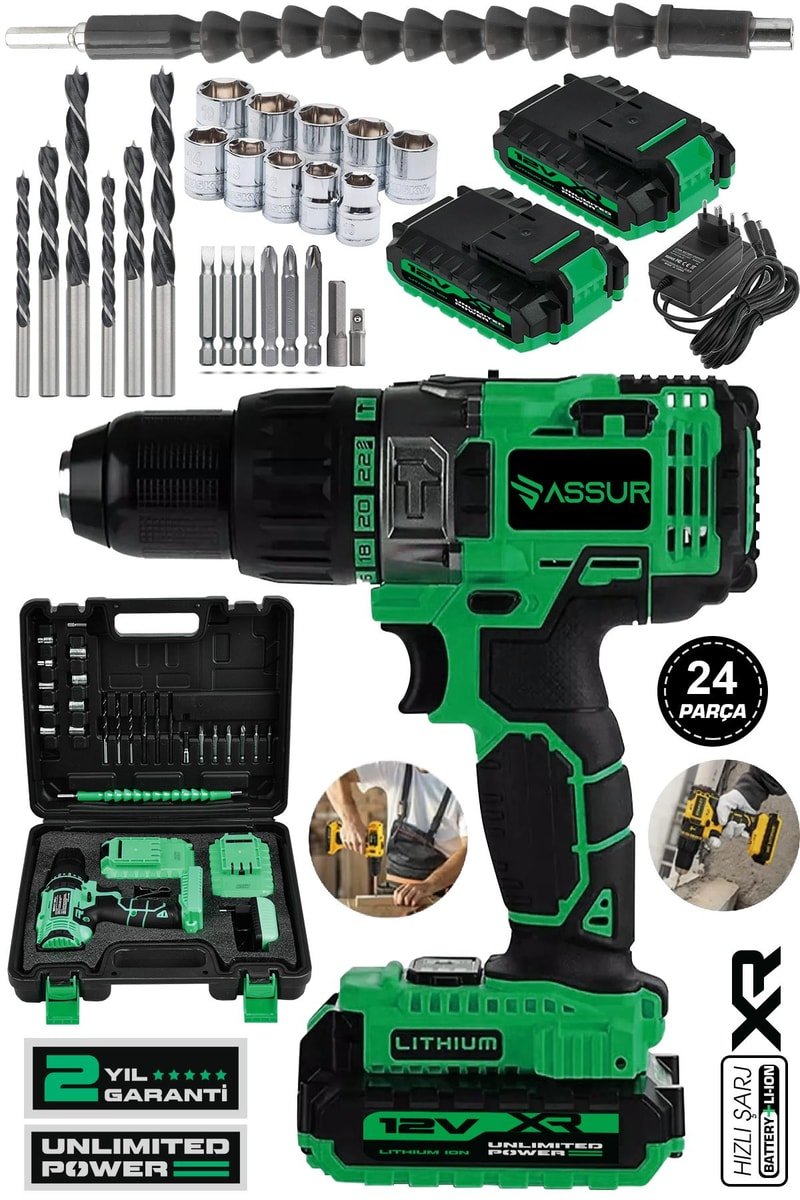 Assur 12V Çift Akülü Bakır Sargı Metal Şanzıman Şarjlı Matkap Akülü Vidalama
            
            
                (ASR019-02-1)