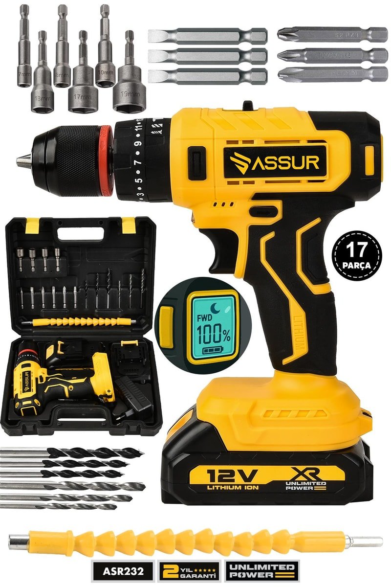 Assur 12V Çift Akülü Darbeli Şarjlı Matkap Dijital Göstergeli Akülü Vidalama
            
            
                (ASR232-02-02)