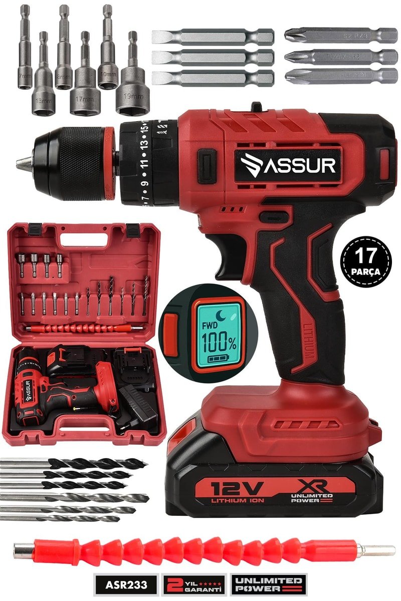 Assur 12V Çift Akülü Darbeli Şarjlı Matkap Dijital Göstergeli Akülü Vidalama
            
            
                (ASR233-02-02)