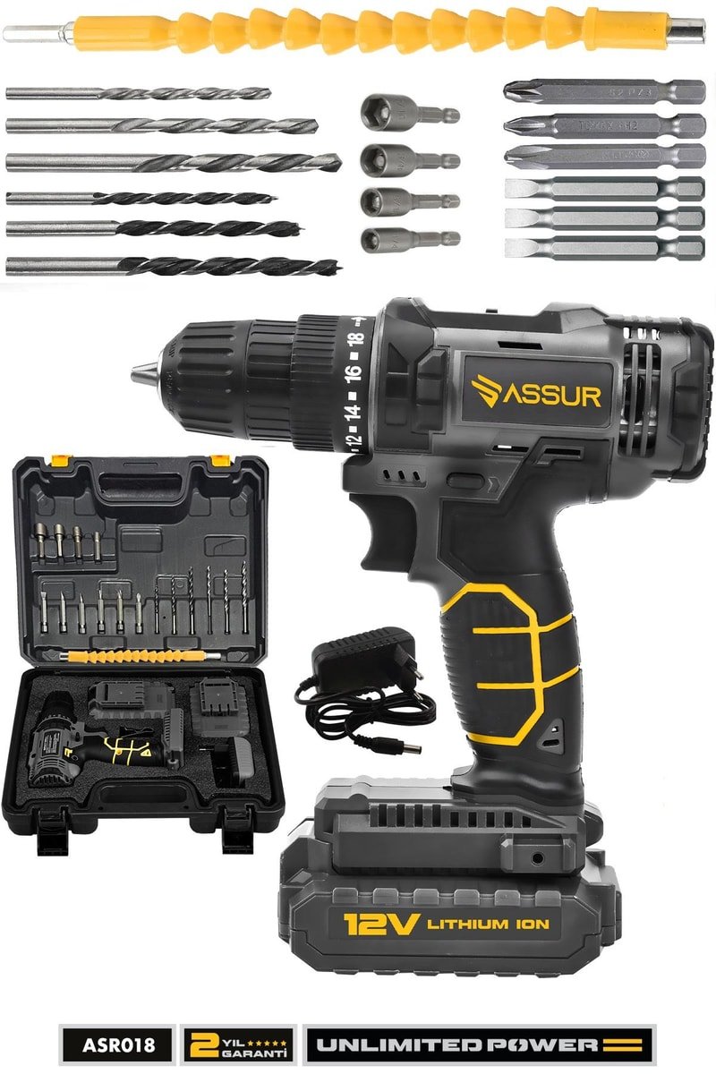Assur 12V Çift Akülü Metal Şanzıman Bakır Sargı Akülü Vidalama Şarjlı Matkap
            
            
                (ASR018-02-1)
