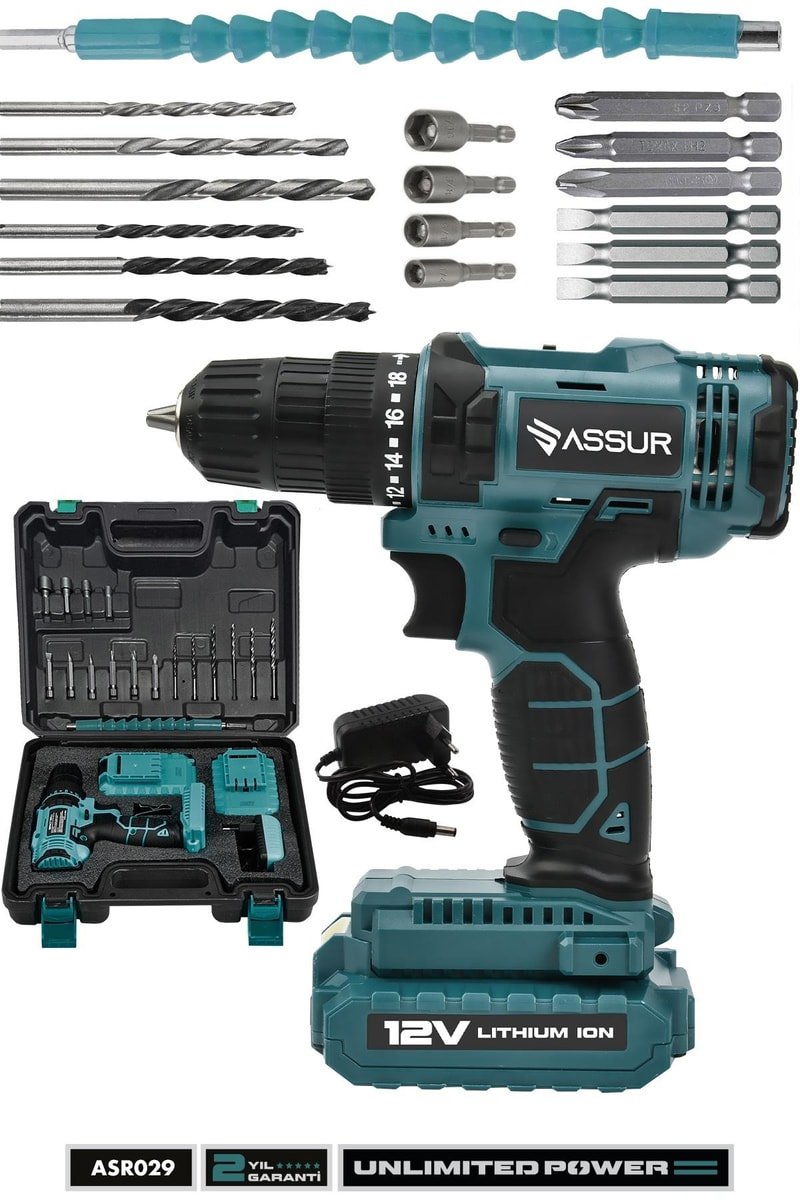 Assur 12V Çift Akülü Metal Şanzıman Bakır Sargı Akülü Vidalama Şarjlı Matkap
            
            
                (ASR029-02-1)