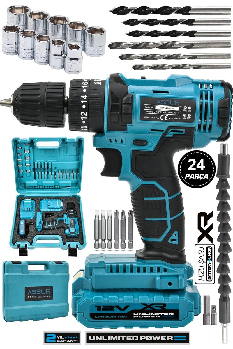 Assur 12V Çift Akülü Metal Şanzıman Şarjlı Darbeli Matkap Akülü Vidalama
            
            
                (ASR025-02-02)