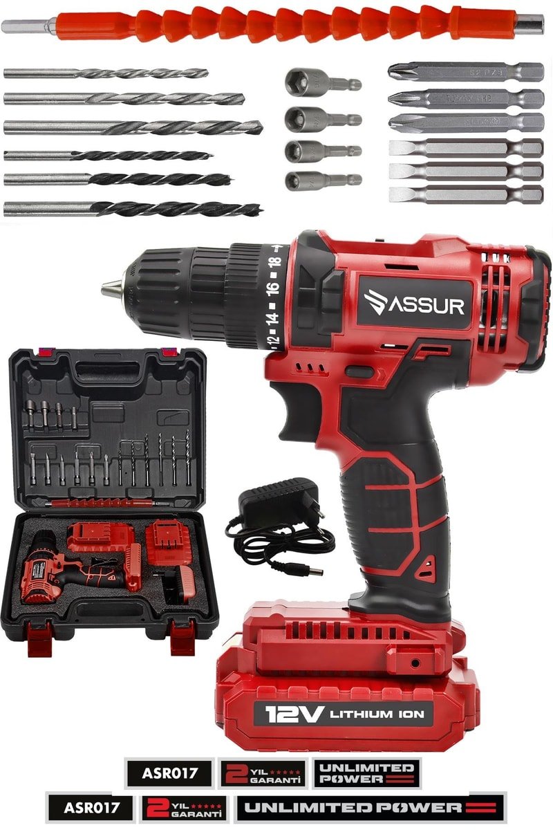 Assur 12V Metal Şanzıman Çift Akülü Bakır Sargı Akülü Vidalama Şarjlı Matkap
            
            
                (ASR017-02-2)