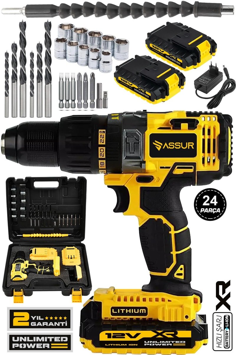 Assur 12V Metal Şanzıman Çift Akülü Şarjlı Darbeli Matkap 24 Parça Akülü Vidalama
            
            
                (ASR026-01-01)