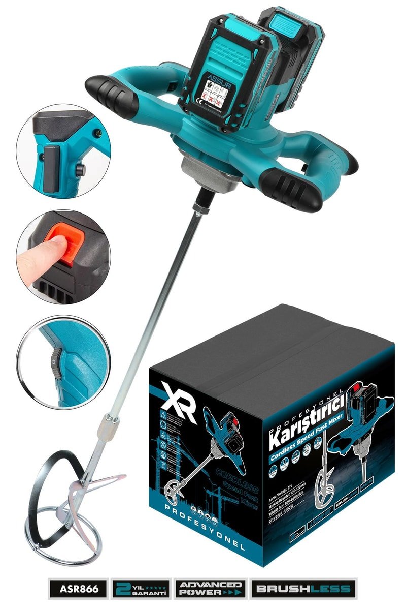 Assur 21V 1200W Çift Akülü Kablosuz Karıştırıcı Mikser Şarjlı Harç, Boya ve Alçı Karıştırma Makinesi
            
            
                (ASR866-12)