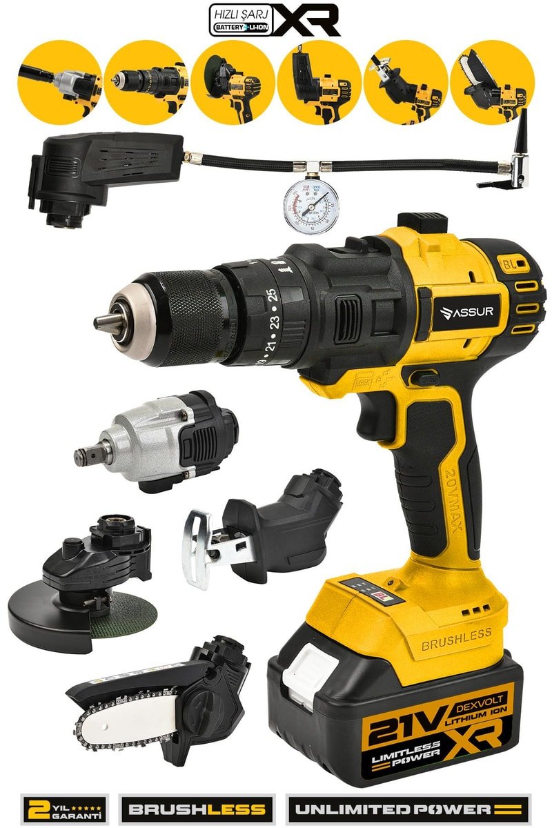 Assur 21V 6 Başlıklı Set Taşlama Somun Sıkma Tilki Kuyruğu Budama Darbeli Matkap Hava Pompası
            
            
                (ASR1030-02-02)