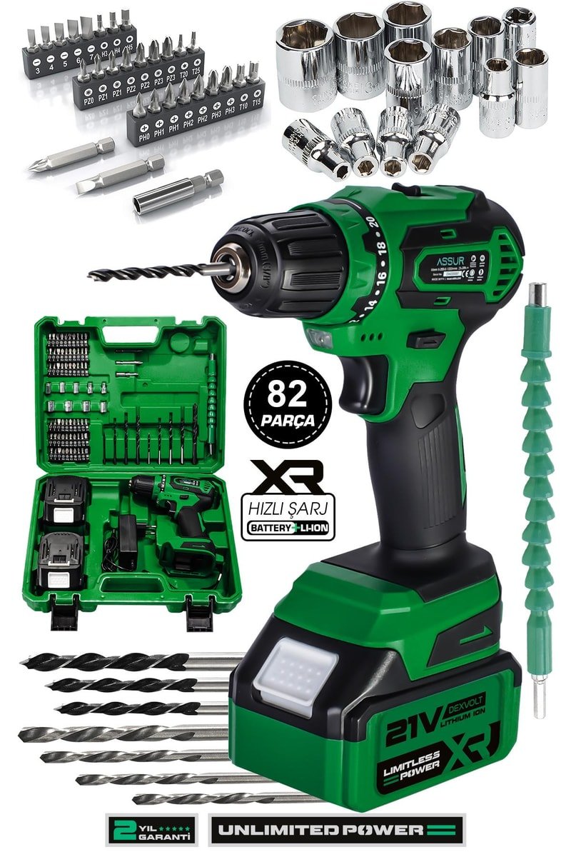 Assur 21V Çelik Şanzıman Bakır Sargılı Çift Akülü Şarjlı Matkap Vidalama
            
            
                (ASR173-02-2)