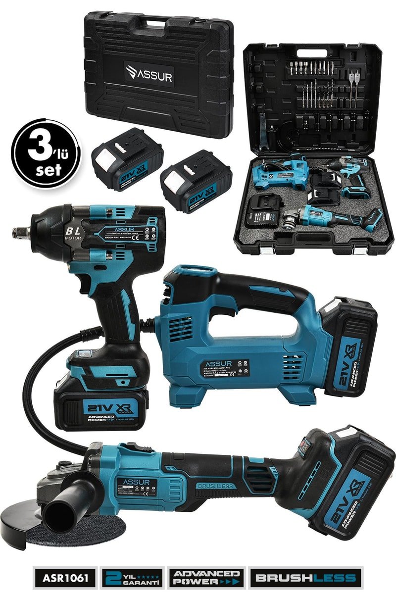 Assur 21V Çift Akü 3'lü Set 125mm Taşlama Hava Pompası 800Nm Somun Sıkma Sökme Matkap
            
            
                (ASR1061-02-09)