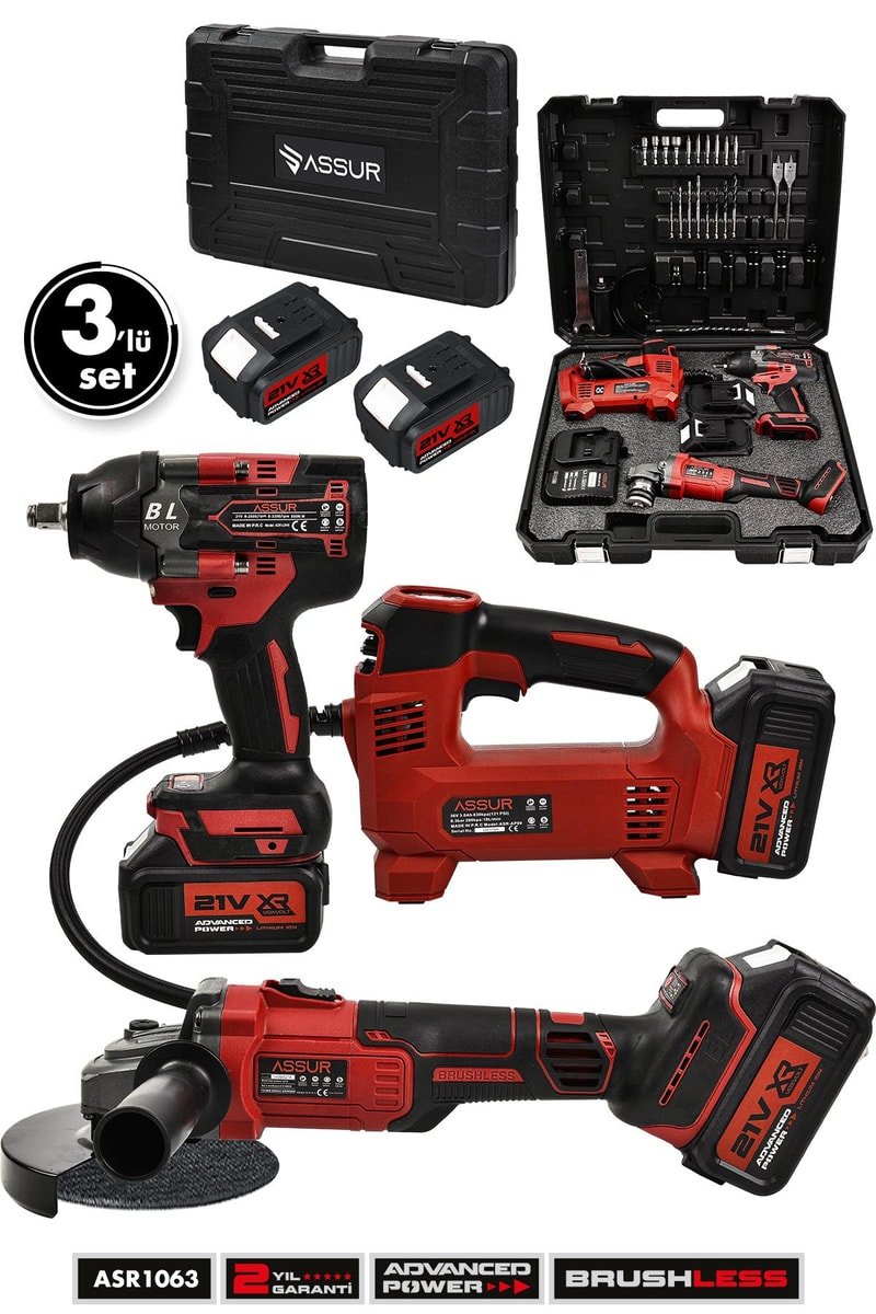 Assur 21V Çift Akü Hava Pompası 800 Nm Somun Sıkma Sökme 125 Mm Taşlama 3'lü Set
            
            
                (ASR1063-02-49)