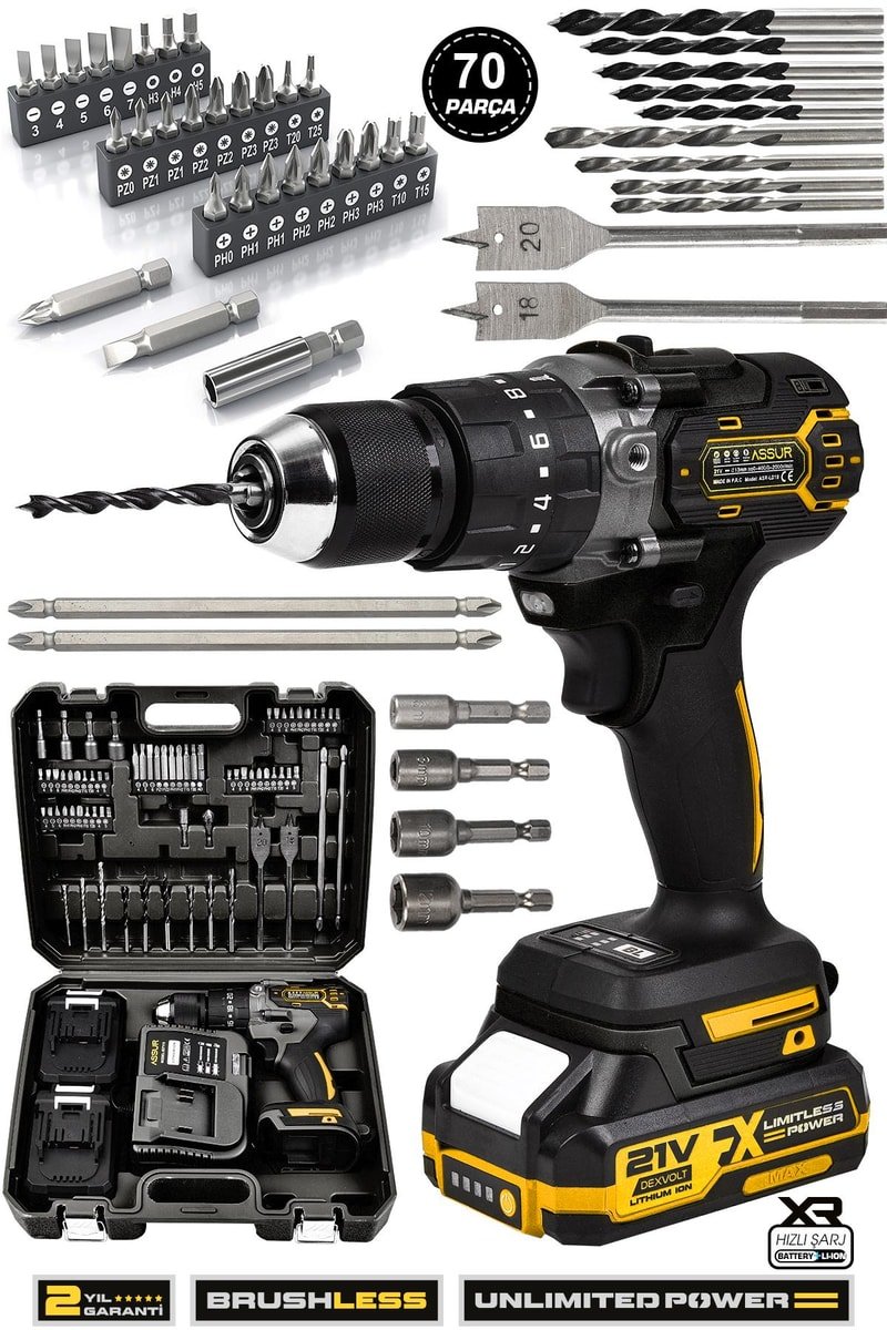 ASSUR 21v Çift Akü Şarjlı Matkap Çelik Mandren Kömürsüz Motor Darbeli Akülü Vidalama
            
            
                (ASR139-02-02)