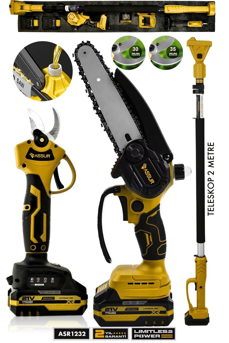 Assur 21V Çift Akülü Teleskopik Testere Makas Dal Budama Makinesi Seti 3'lü Sarı
            
            
                (ASR1232-02-23)