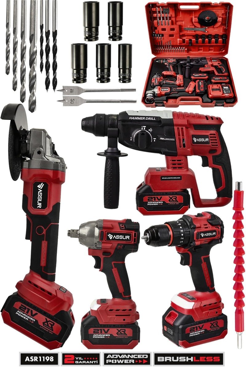 Assur 21V Darbeli Kömürsüz 4'lü Set Kırıcı Delici Hilti - Matkap Vidalama - Taşlama - Somun Sıkma Sökme
            
            
                (ASR1198-02-09)