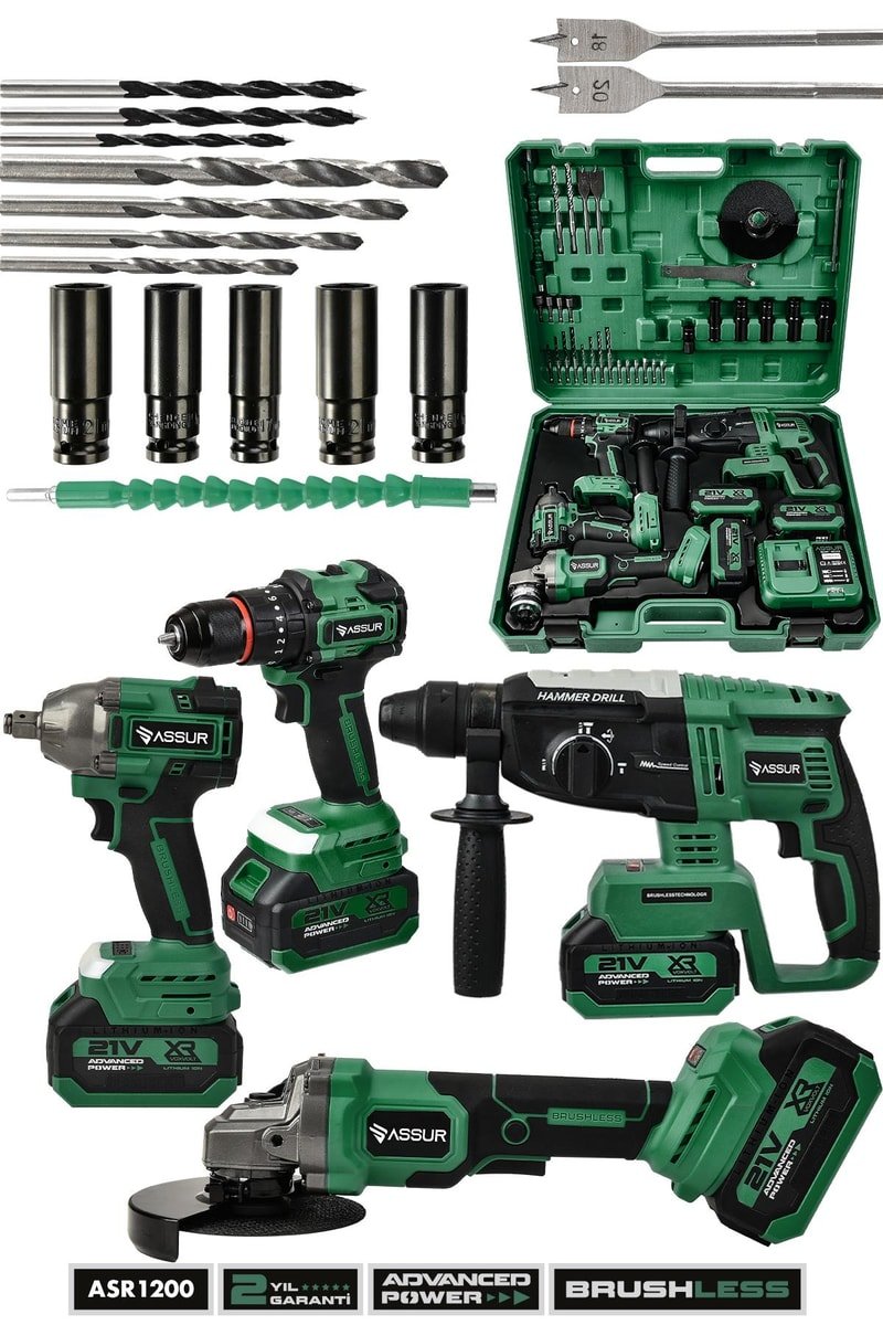 Assur 21V Darbeli Kömürsüz 4'lü Set Kırıcı Delici Hilti-Taşlama-Somun Sıkma Sökme-Matkap Vidalama Yeşil
            
            
                (ASR1200-02-02)