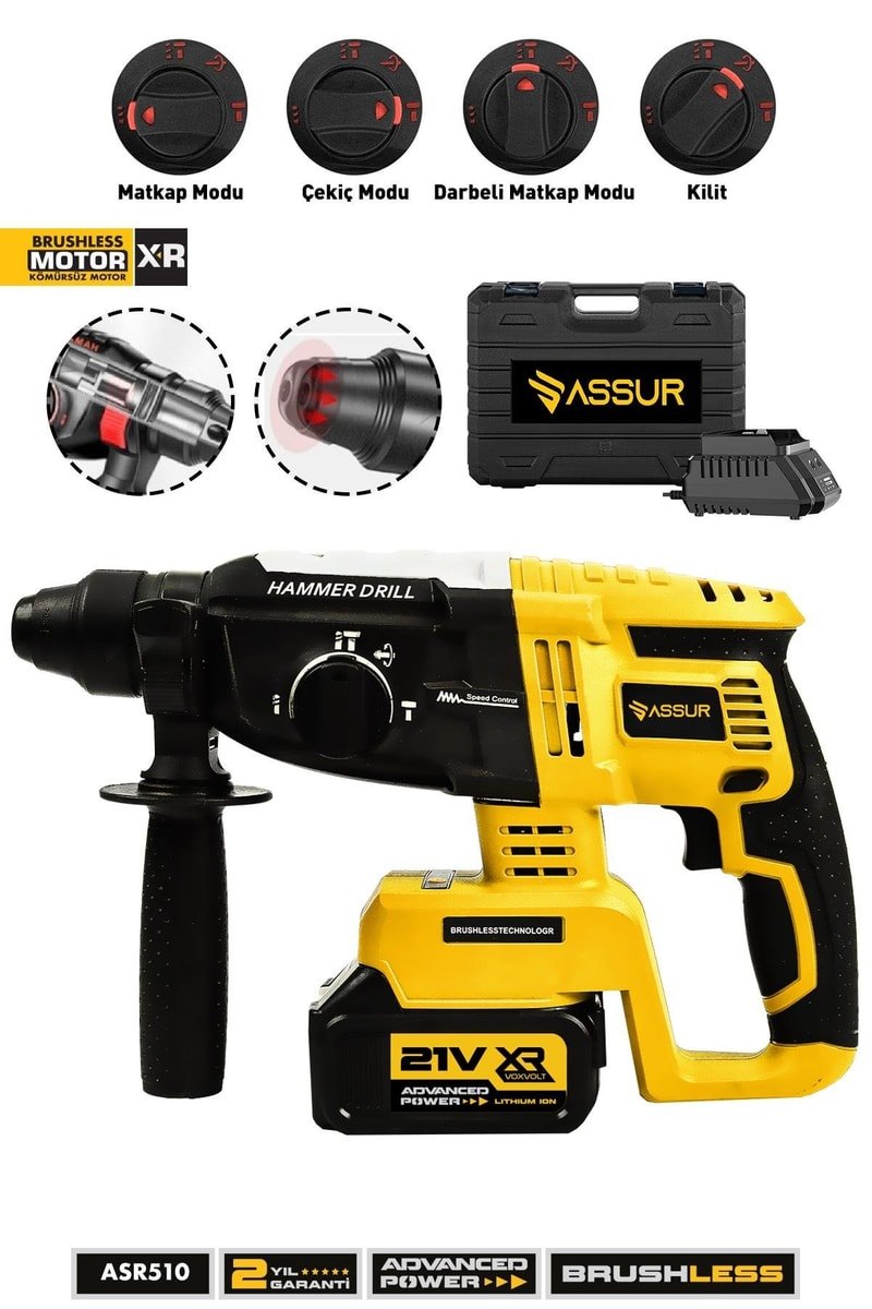 Assur 21V Kömürsüz Motor Darbeli Çift Akülü Şarjlı Kırıcı Delici Hilti 2-26mm
            
            
                (ASR510-02-04)