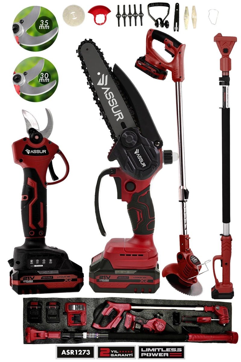 Assur 4'lü Set 21V Çift Akülü Teleskopik Dal Budama Makinesi & Şarjlı Tırpan Çim Biçme Makinesi Kırmızı
            
            
                (ASR1273-02-20)