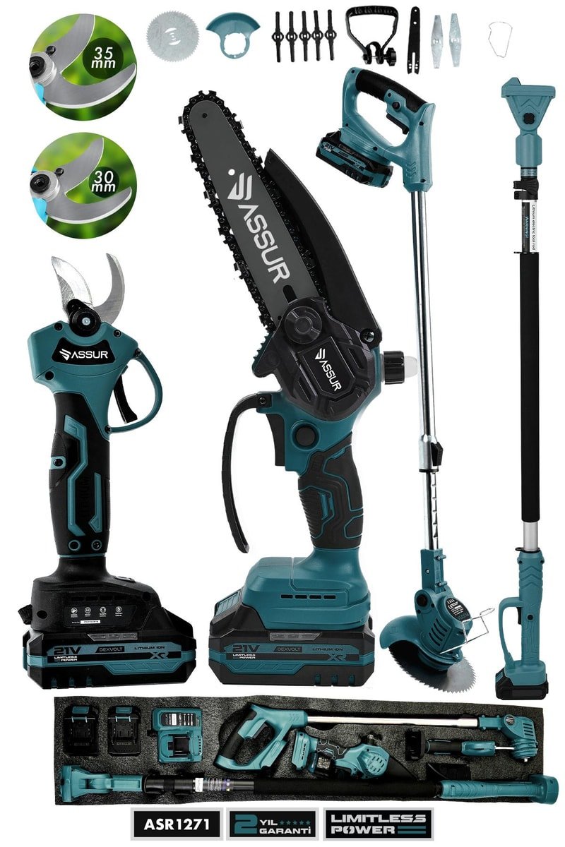 Assur 4'lü Set 21V Çift Akülü Teleskopik Dal Budama Makinesi & Şarjlı Tırpan Çim Biçme Makinesi Mavi
            
            
                (ASR1271-02-18)