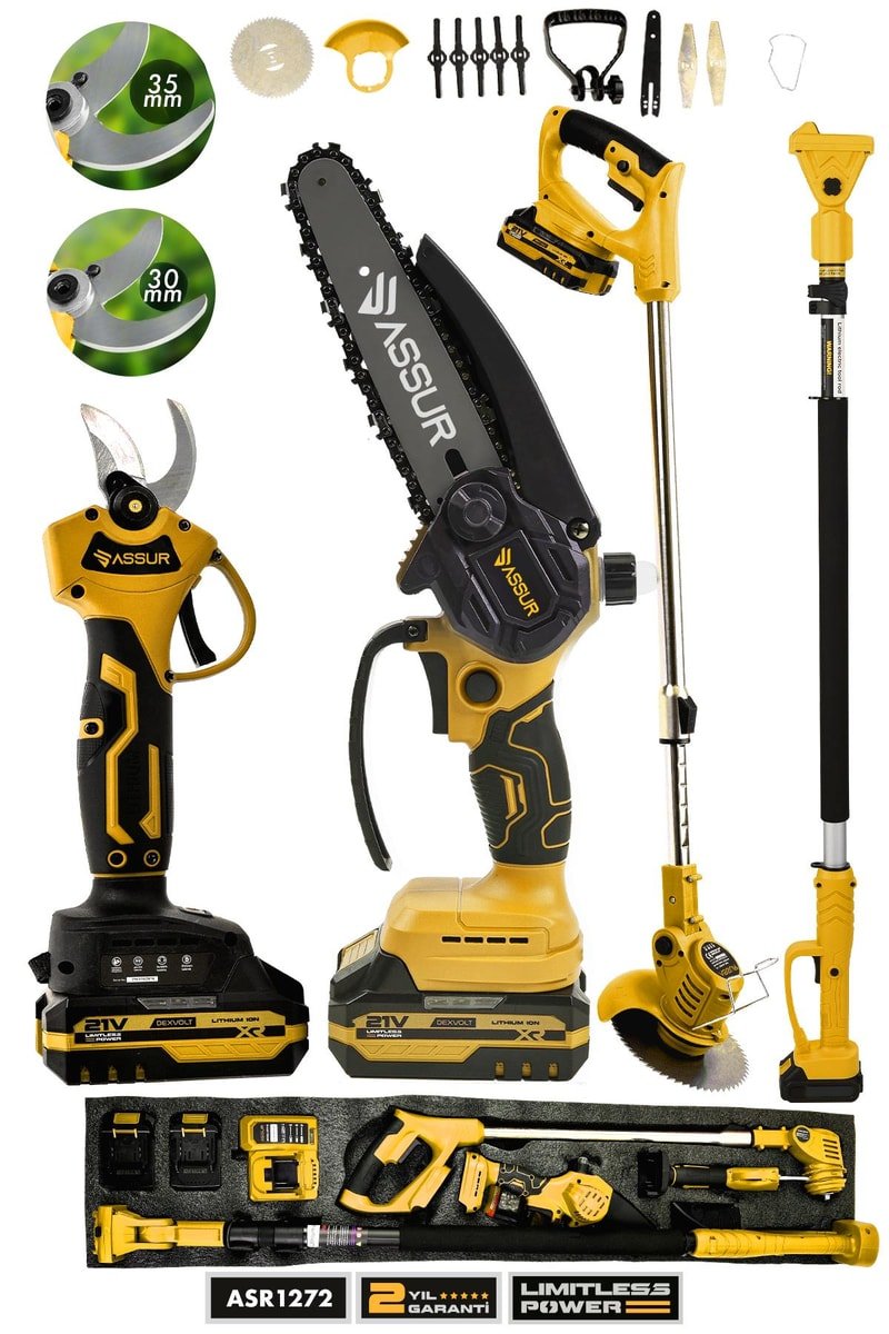 Assur 4'lü Set 21V Çift Akülü Teleskopik Dal Budama Makinesi & Şarjlı Tırpan Çim Biçme Makinesi Sarı
            
            
                (ASR1272-02-23)