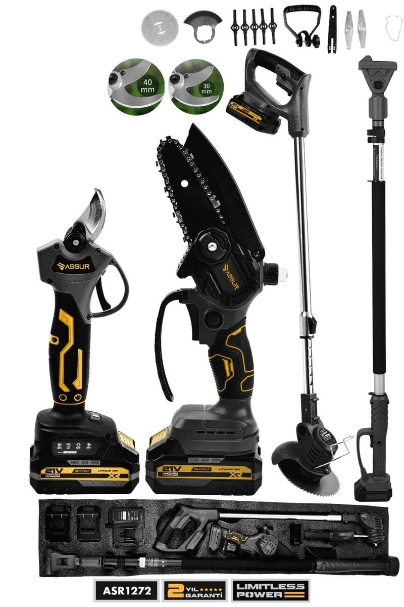Assur 4'lü Set 21V Çift Akülü Teleskopik Dal Budama Makinesi & Şarjlı Tırpan Çim Biçme Makinesi Siyah
            
            
                (ASR1274-02-24)