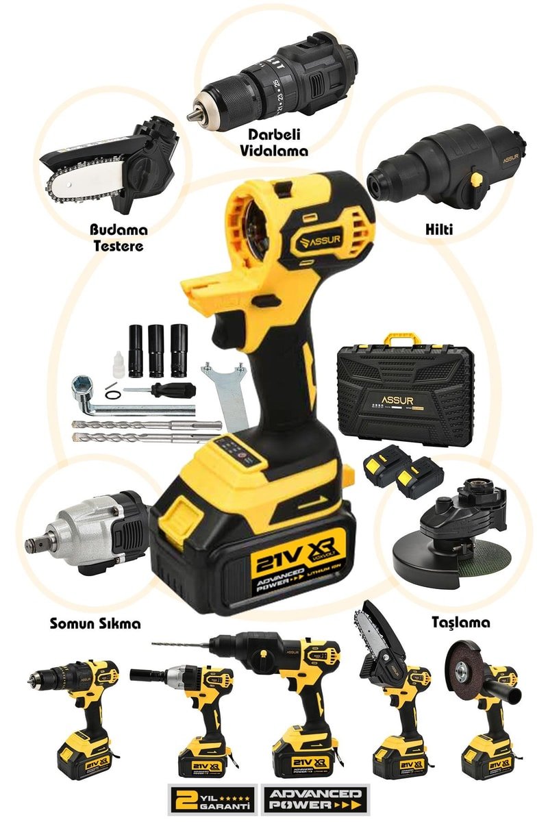 Assur 5 Başlıklı Set 21 Çift Akülü Vidalama + Budama Testeresi + Taşlama + Tilki Kuyruğu + Somun Sıkma
            
            
                (ASR1008-02-02)