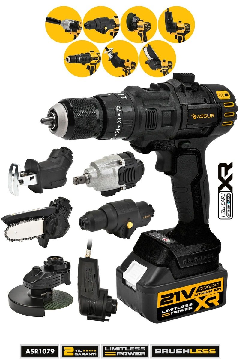 Assur 7 Başlıklı Set Taşlama Somun Sıkma Tilki Kuyruğu Dal Budama Akülü Vidalama Hava Pompası Hilti Siyah
            
            
                (ASR1079-02-1)