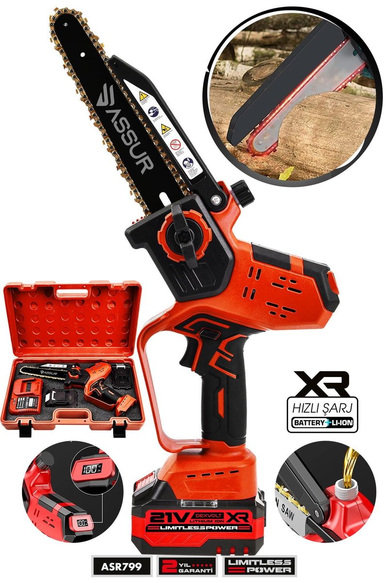 Assur Otomatik Yağlamalı Şarjlı El Testeresi Ağaç Odun Dal Kesme Budama Çift Batarya Dijital Gösterge
            
            
                (ASR799-02-24)