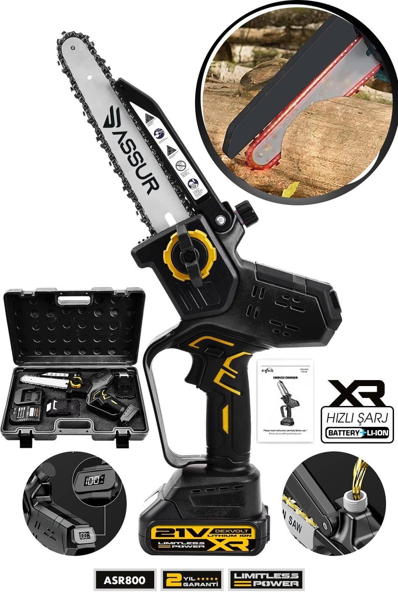 Assur Otomatik Yağlamalı Şarjlı El Testeresi Ağaç Odun Dal Kesme Budama Çift Batarya Dijital Gösterge
            
            
                (ASR800-02-18)