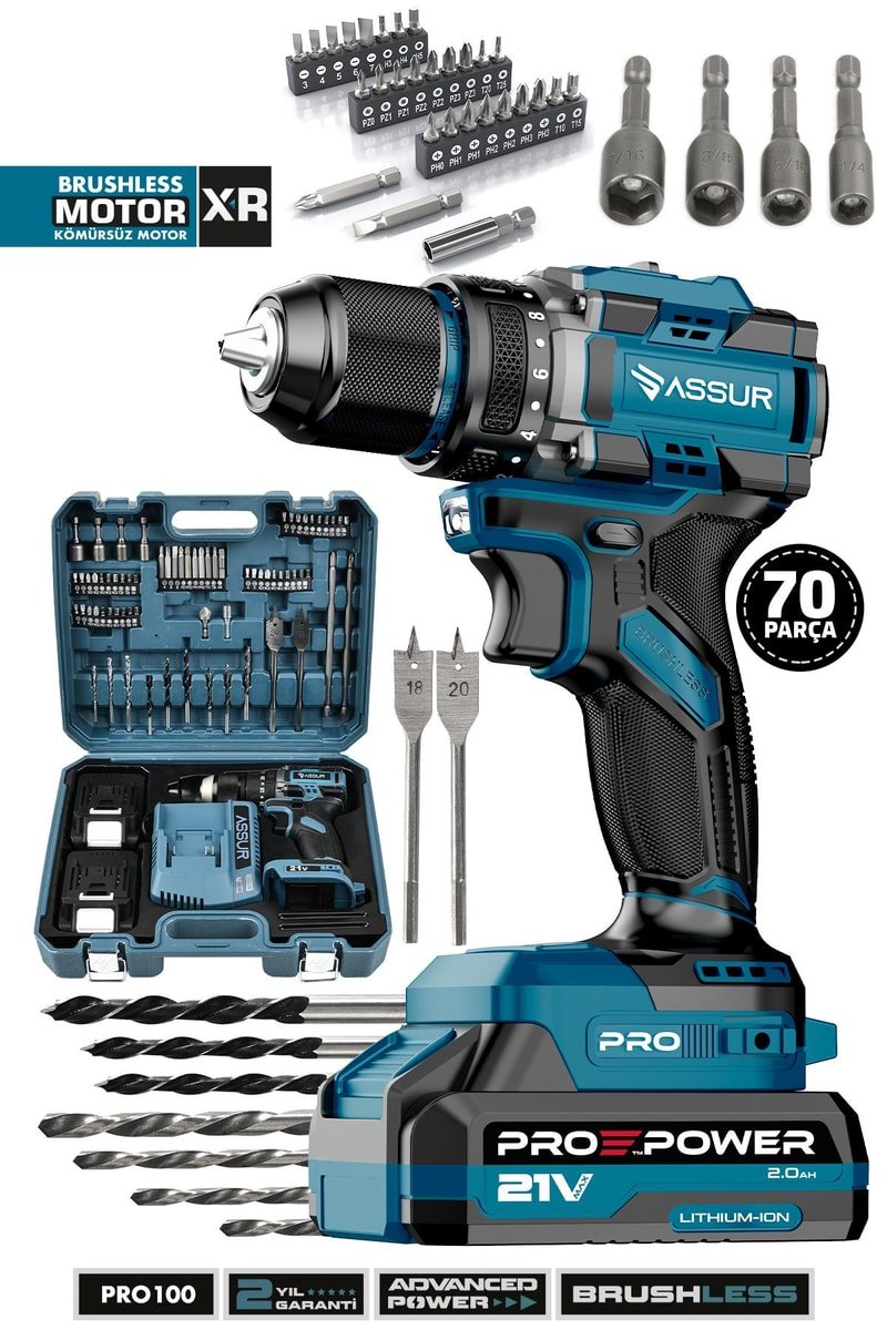 Assur Pro 21V Çift Akü Çelik Mandren Kömürsüz Motor Darbeli Şarjlı Matkap Akülü Vidalama
            
            
                (PRO100-02-2)