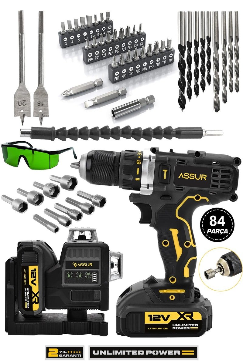 Assur Profesyonel 12V Çift Akülü 12 Köşe 360° Lazer Hizalama & Akülü Vidalama 84 Parça Set
            
            
                (ASR1072-02-3)