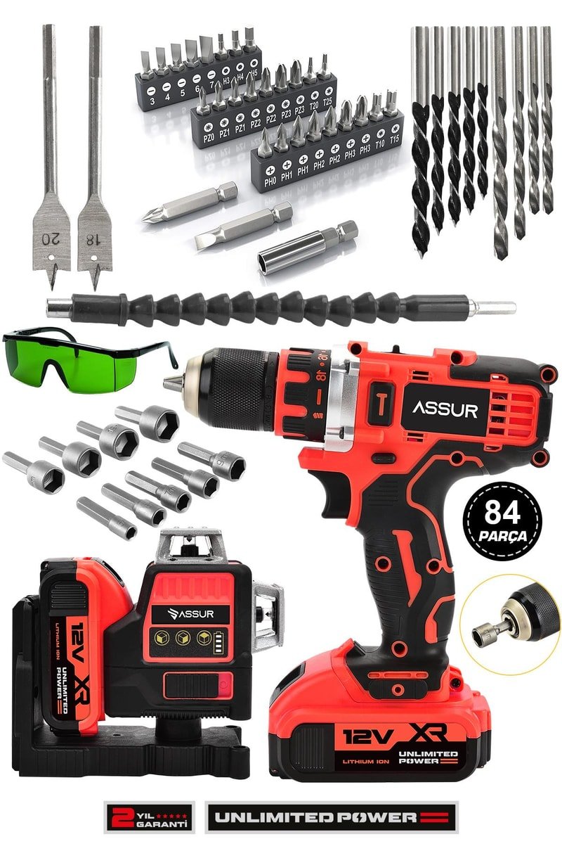 Assur Profesyonel 12V Çift Akülü Vidalama 84 Parça & 12 Köşe 360° Lazer Hizalama Set
            
            
                (ASR1071-02-2)
