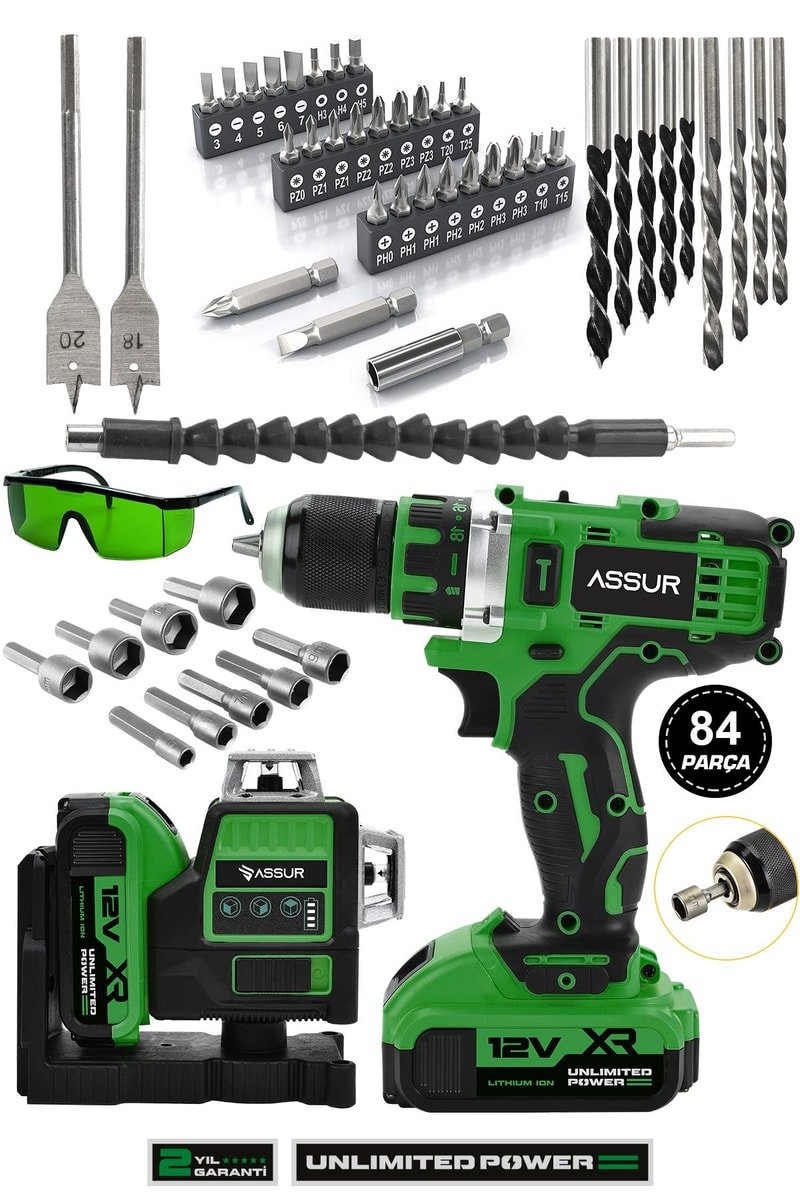 Assur Profesyonel 12V Çift Akülü Vidalama 84 Parça & 12 Köşe 360° Lazer Hizalama Set
            
            
                (ASR1073-02-3)