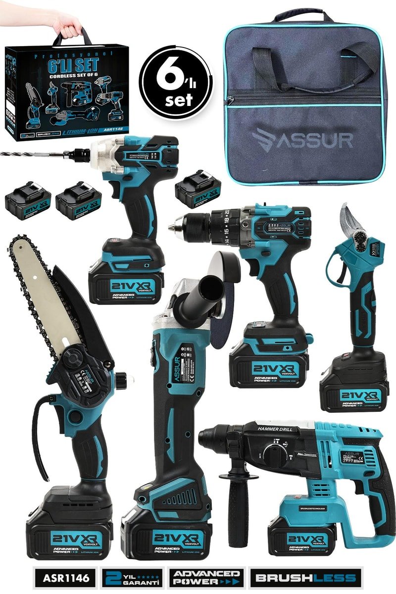 Assur Profesyonel 21V Akülü Bez Çantalı Kömürsüz Darbeli 6'lı Set
            
            
                (ASR1146-02-18)