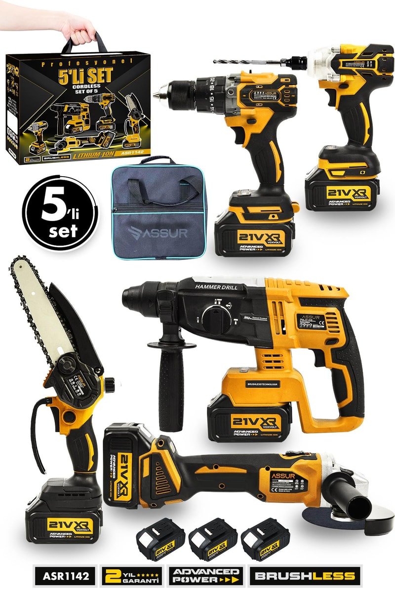 Assur Profesyonel 21V Akülü Bez Çantalı Kömürsüz Darbeli Şarjlı 5'li Set
            
            
                (ASR1142-02-9)