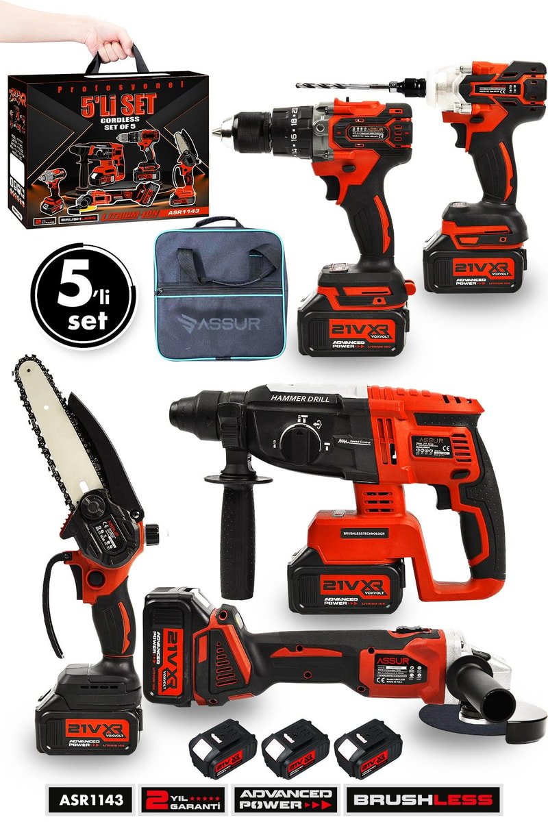 Assur Profesyonel 21V Akülü Bez Çantalı Kömürsüz Darbeli Şarjlı 5'li Set
            
            
                (ASR1143-02-5)