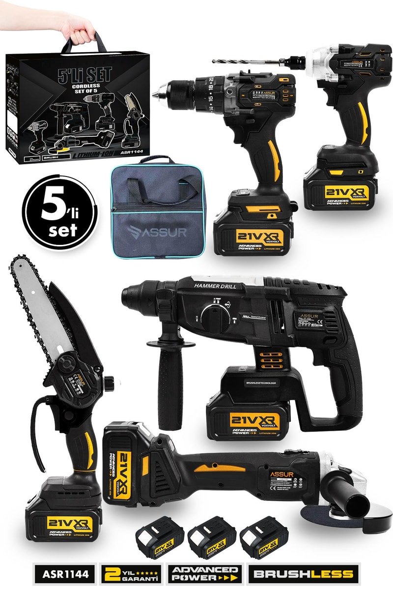 Assur Profesyonel 21V Akülü Bez Çantalı Kömürsüz Darbeli Şarjlı 5'li Set
            
            
                (ASR1144-02-4)