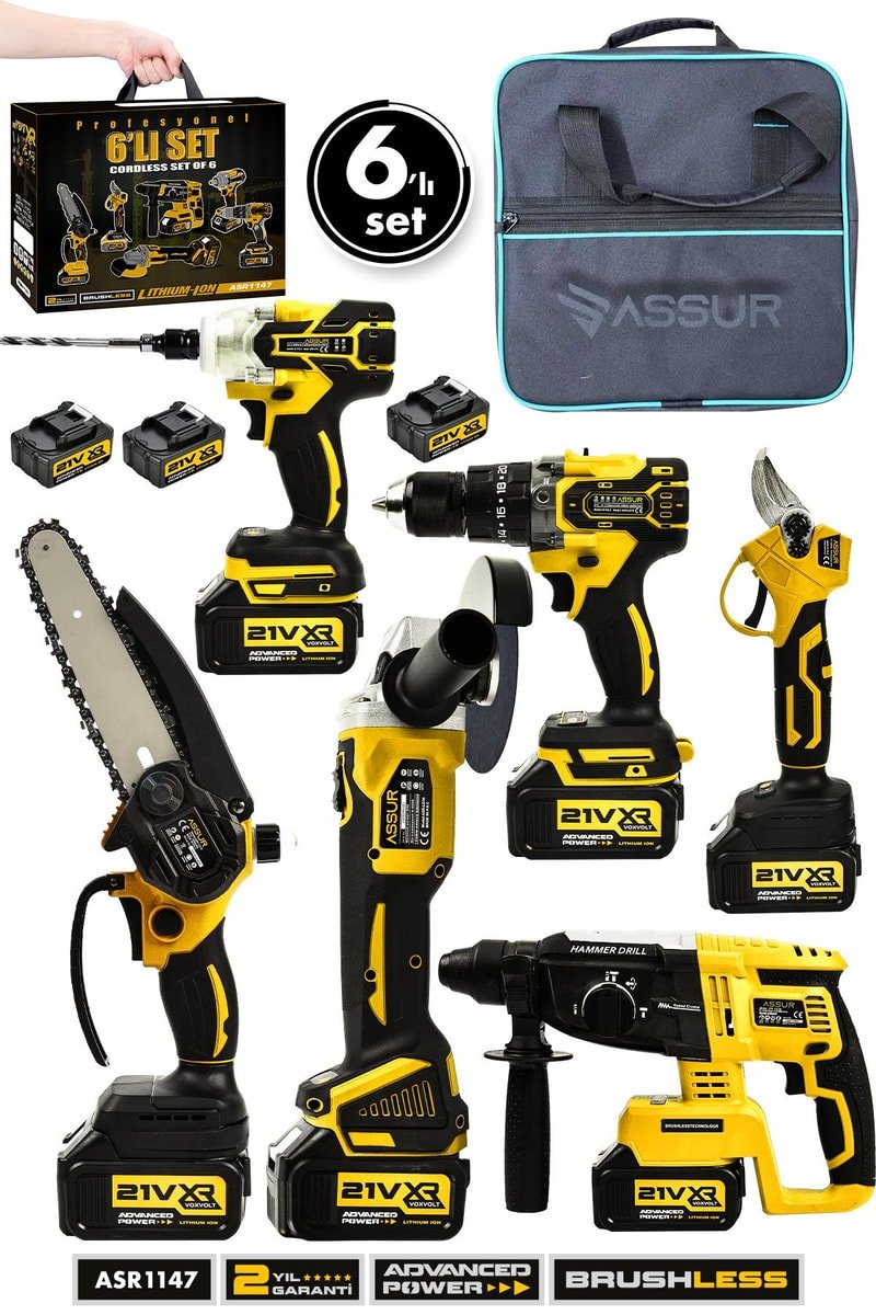 Assur Profesyonel 21V Akülü Bez Çantalı Kömürsüz Darbeli Şarjlı 6'lı Set
            
            
                (ASR1147-02-9)