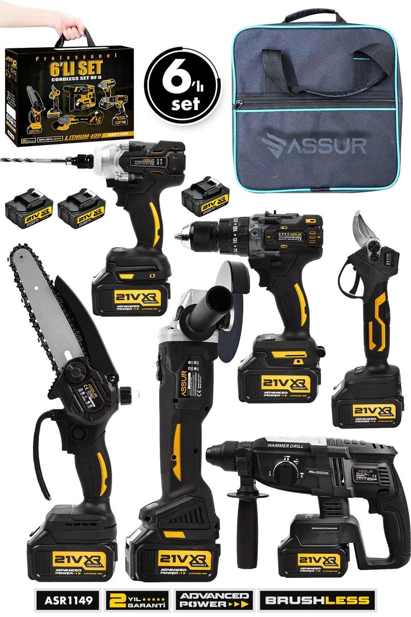 Assur Profesyonel 21V Akülü Bez Çantalı Kömürsüz Darbeli Şarjlı 6'lı Set
            
            
                (ASR1149-02-4)