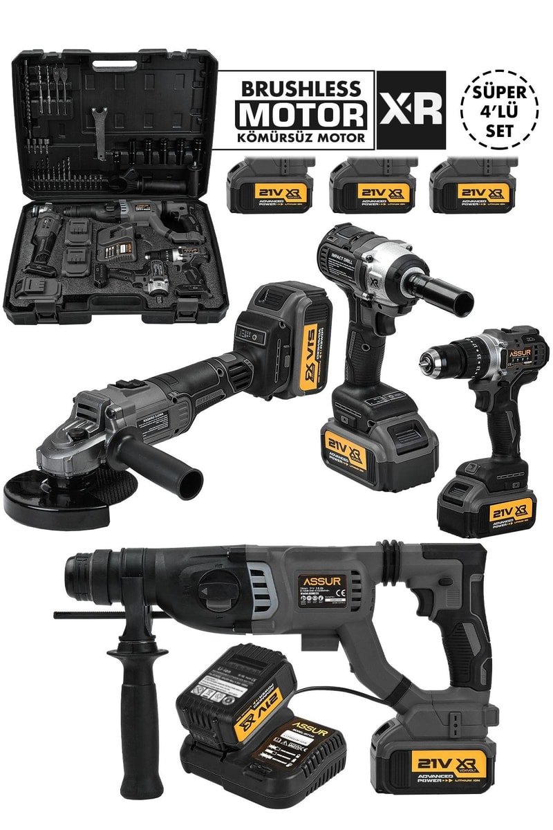 Assur Profesyonel 21V Akülü Kırıcı Delici Hilti Matkap Somun Sıkma Sökme Taşlama 4'lü Set
            
            
                (ASR1084-02-4)