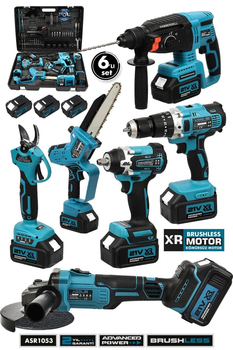Assur Profesyonel 21V Akülü Kırıcı Delici Hilti Vidalama Somun Sökme Taşlama Dal Budama Testere 6'lı Set
            
            
                (ASR1053-02-4)