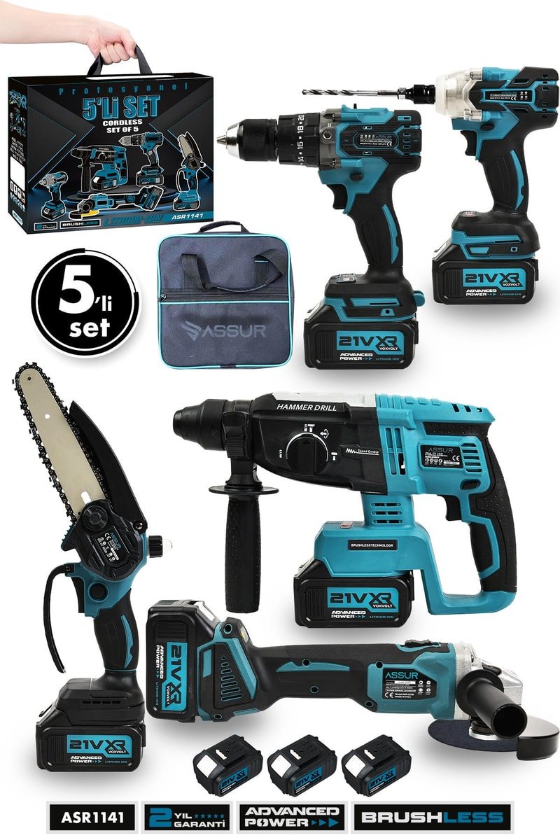 Assur Profesyonel 21V Bez Çantalı Kömürsüz Darbeli Şarjlı 5'li Set
            
            
                (ASR1141-02-4)