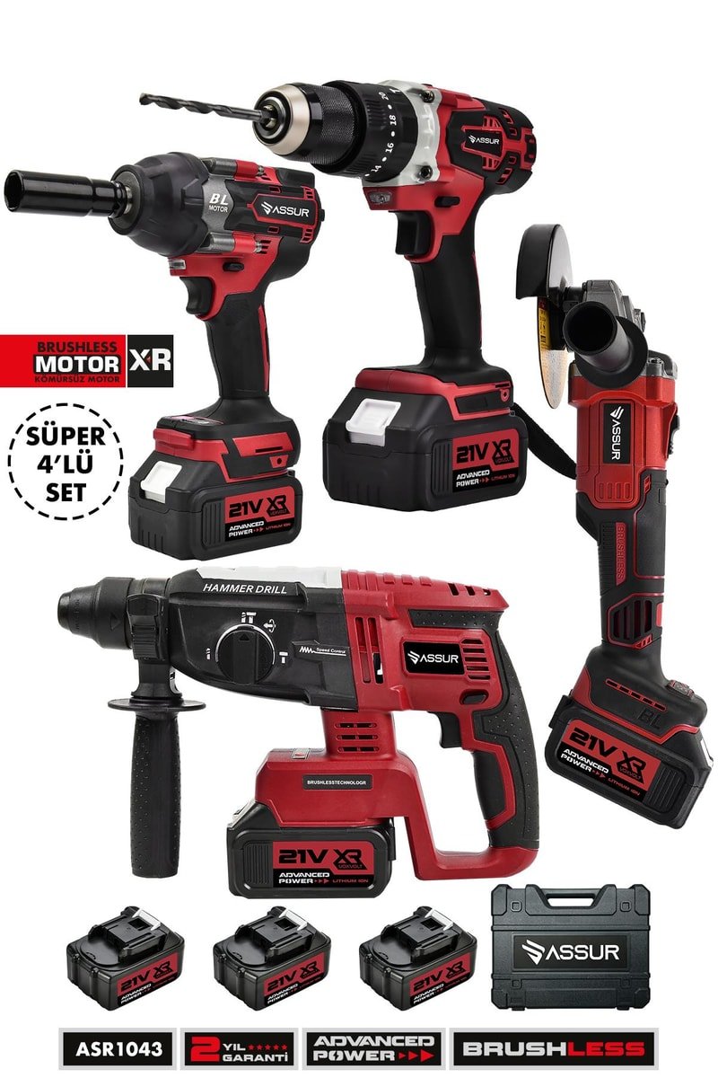 Assur Profesyonel 21V Taşlama Akülü Vidalama Kırıcı Delici Hilti Somun Sökme Sıkma 4'lü Set
            
            
                (ASR1043-02-5)