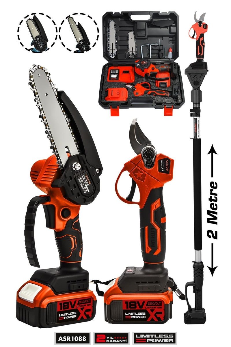 Assur Profesyonel 2'li Set 18V Çift Akülü Teleskopik Kollu Bağ Makası ve Budama Testeresi Makinesi
            
            
                (ASR1088-02-24)