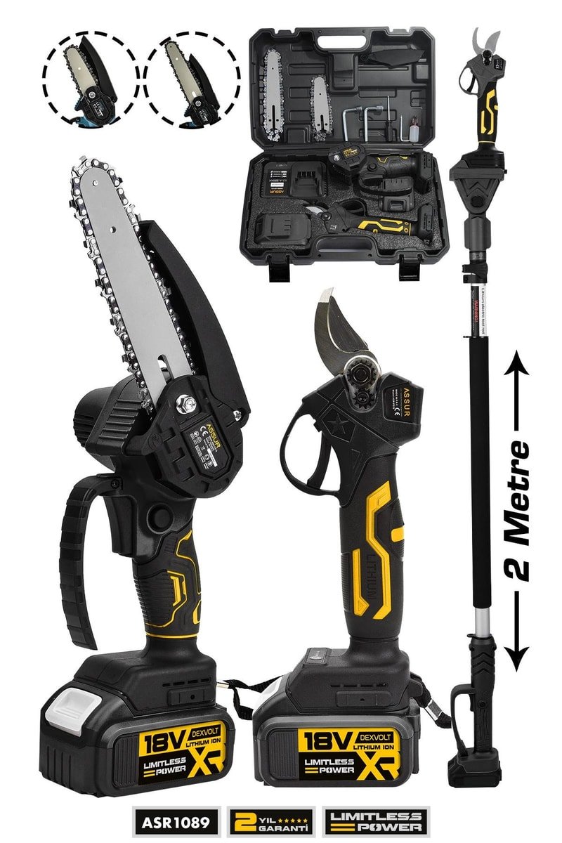 Assur Profesyonel 2'li Set 18V Çift Akülü Teleskopik Kollu Bağ Makası ve Budama Testeresi Makinesi
            
            
                (ASR1089-02-23)